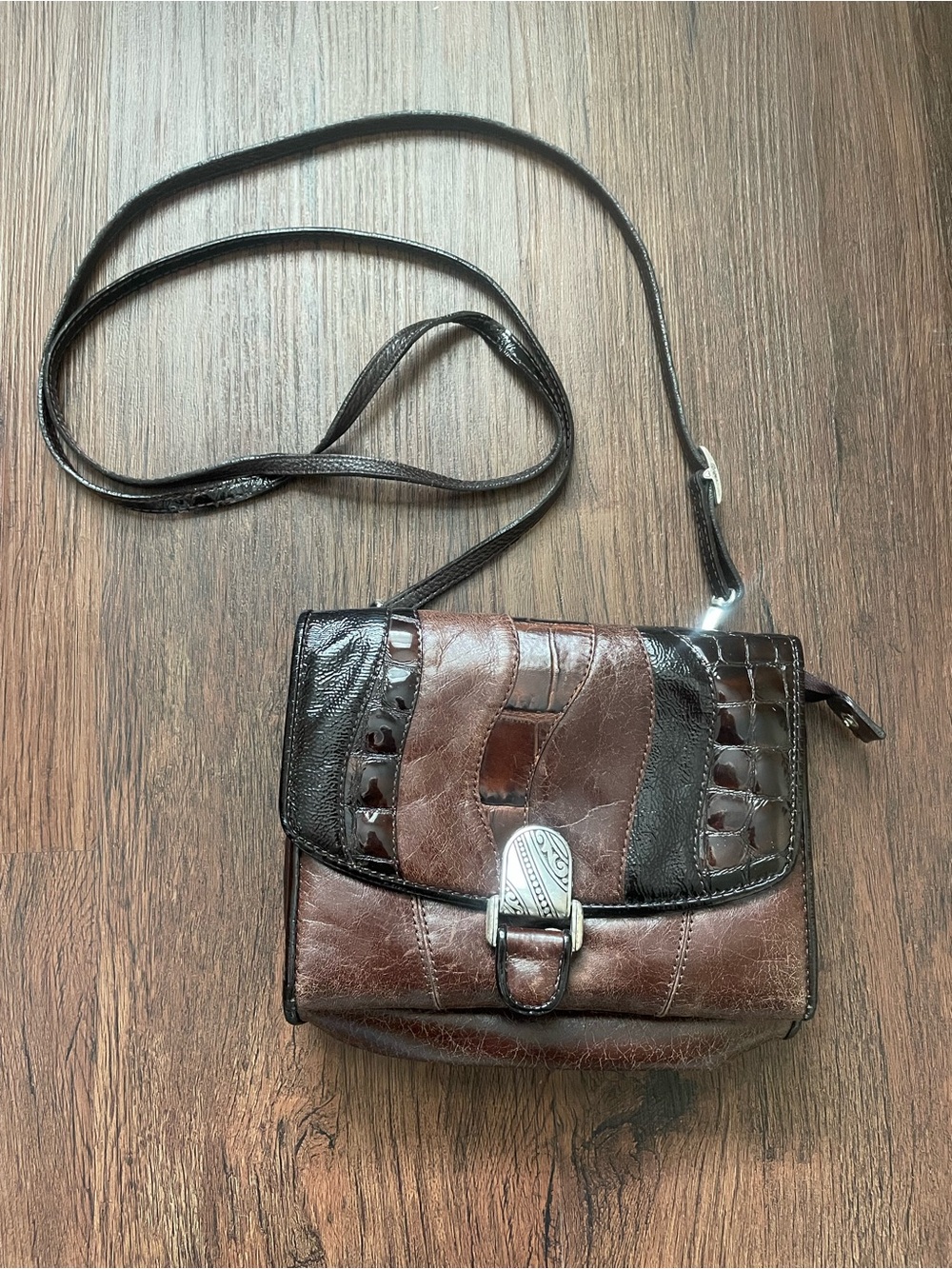 VTG READ! Brighton Smooth/Croc 2 Tone Brown Leather Shoulder Bag Crossbody Purse